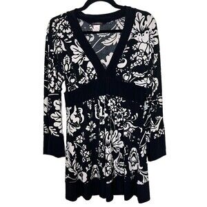 Cocomo Women’s Vintage Tropical Floral Flare Sleeve Plunge V-neck Empire Tunic
